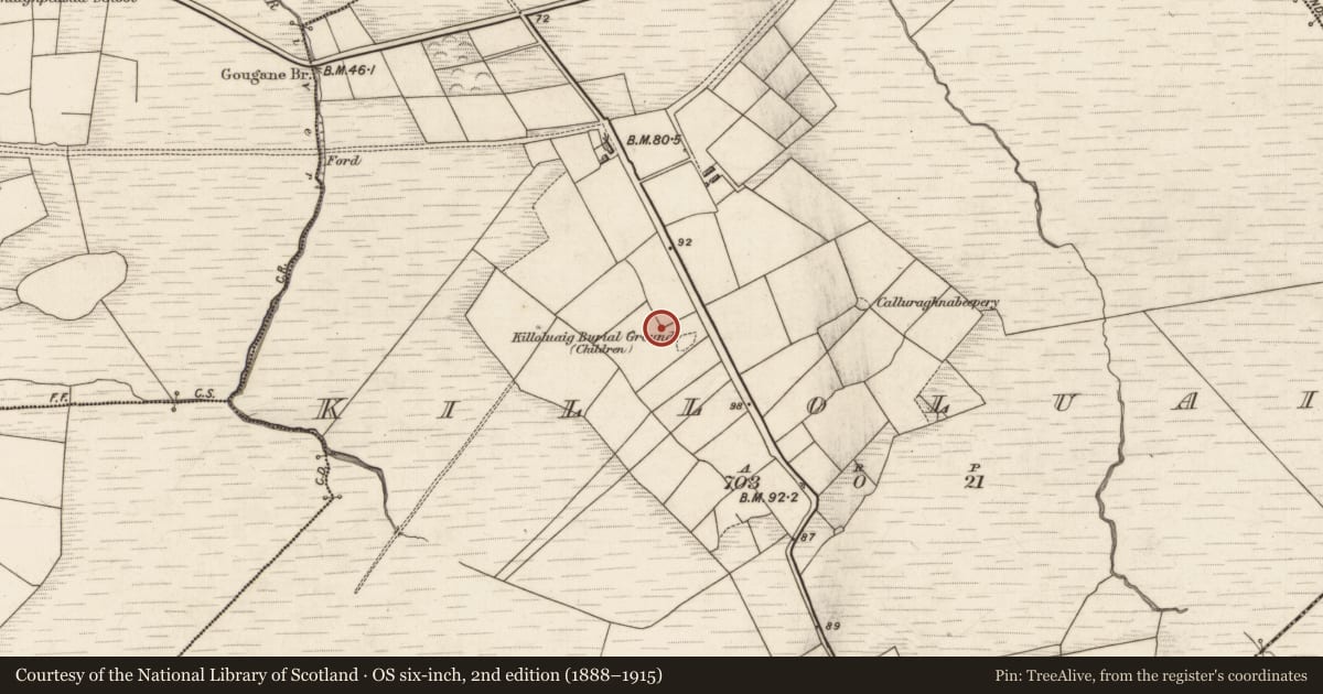 Ordnance Survey six-inch map, 2nd edition (1888–1915) covering the location of Enclosure, Killoluaig, County Kerry, with a pin at the register's coordinates