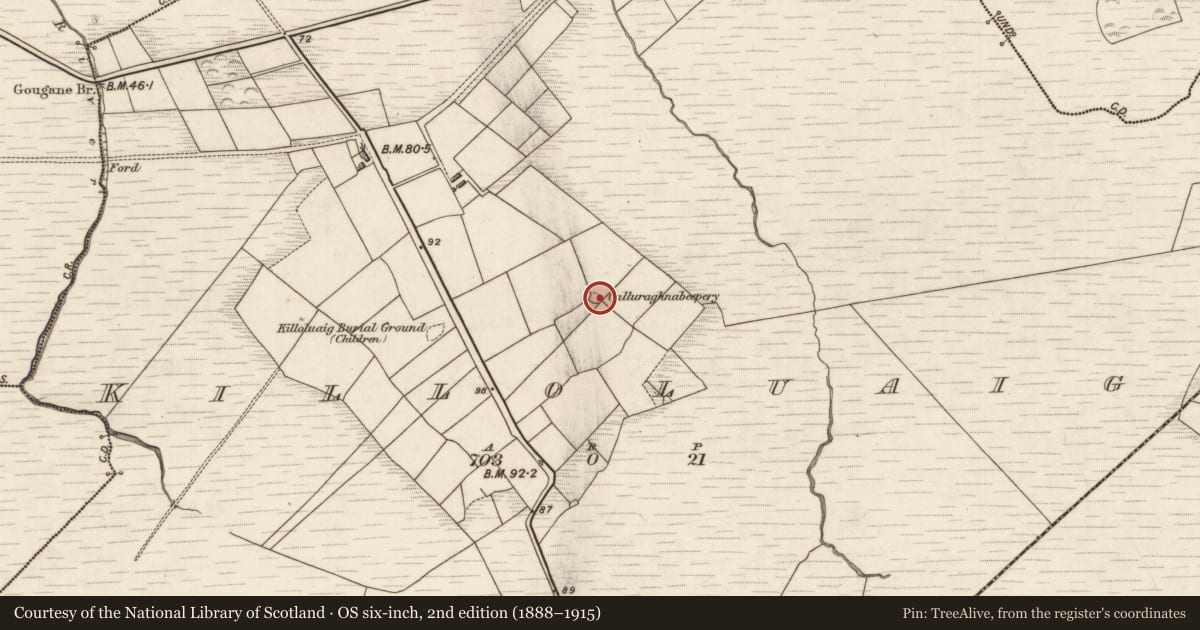Ordnance Survey six-inch map, 2nd edition (1888–1915) covering the location of Children's burial ground, Killoluaig, County Kerry, with a pin at the register's coordinates