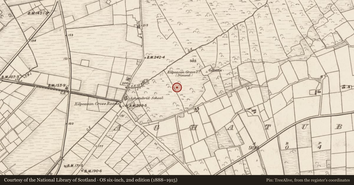 Ordnance Survey six-inch map, 2nd edition (1888–1915) covering the location of Megalithic structure, Aghatubrid, County Kerry, with a pin at the register's coordinates