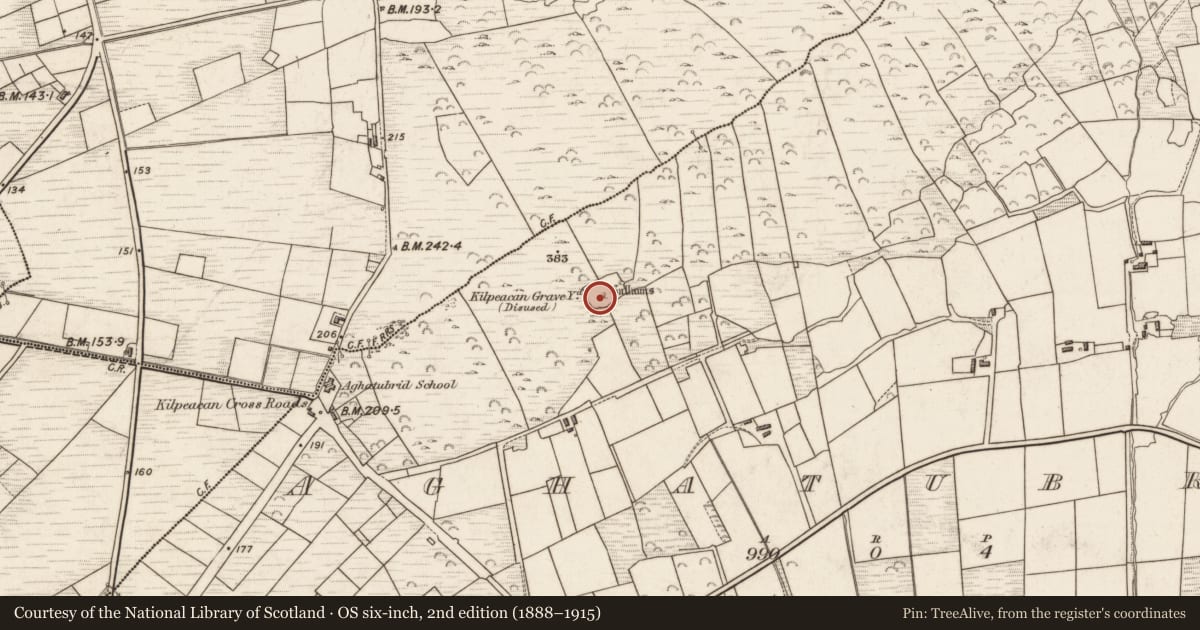 Ordnance Survey six-inch map, 2nd edition (1888–1915) covering the location of Cross-inscribed pillar, Aghatubrid, County Kerry, with a pin at the register's coordinates