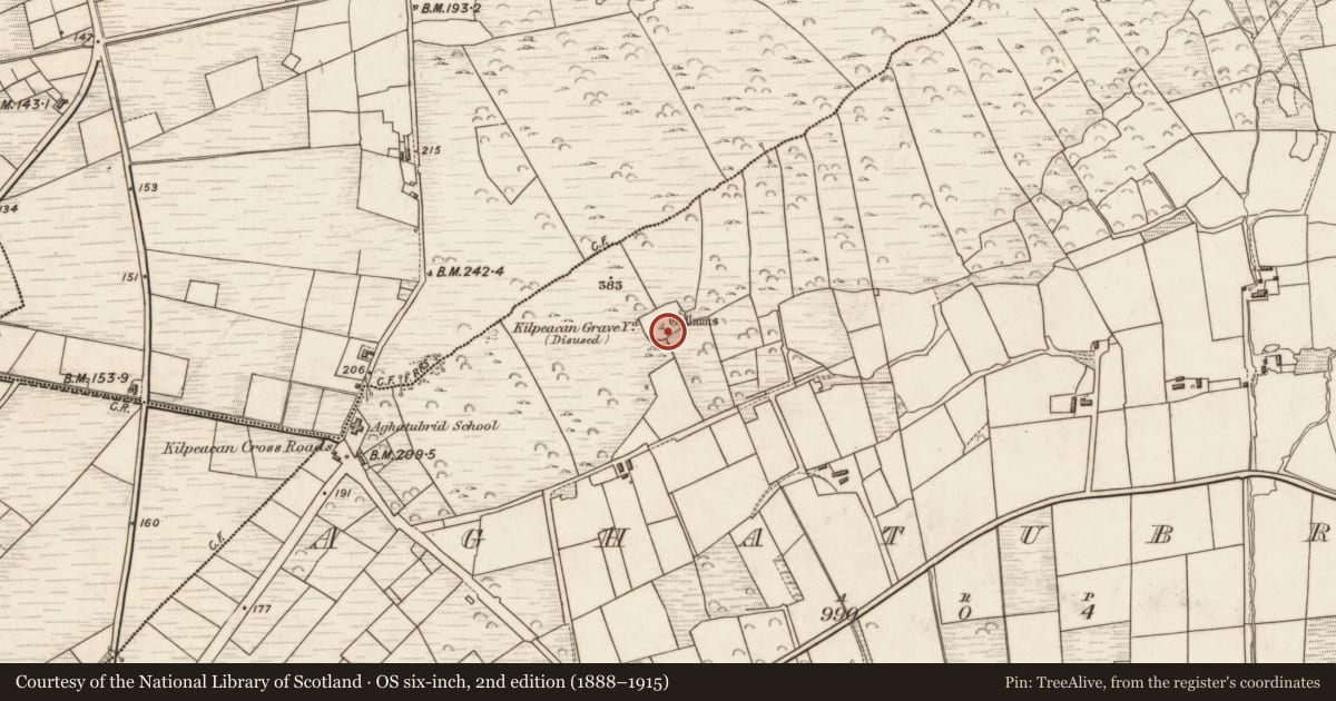 Ordnance Survey six-inch map, 2nd edition (1888–1915) covering the location of Children's burial ground, Aghatubrid, County Kerry, with a pin at the register's coordinates