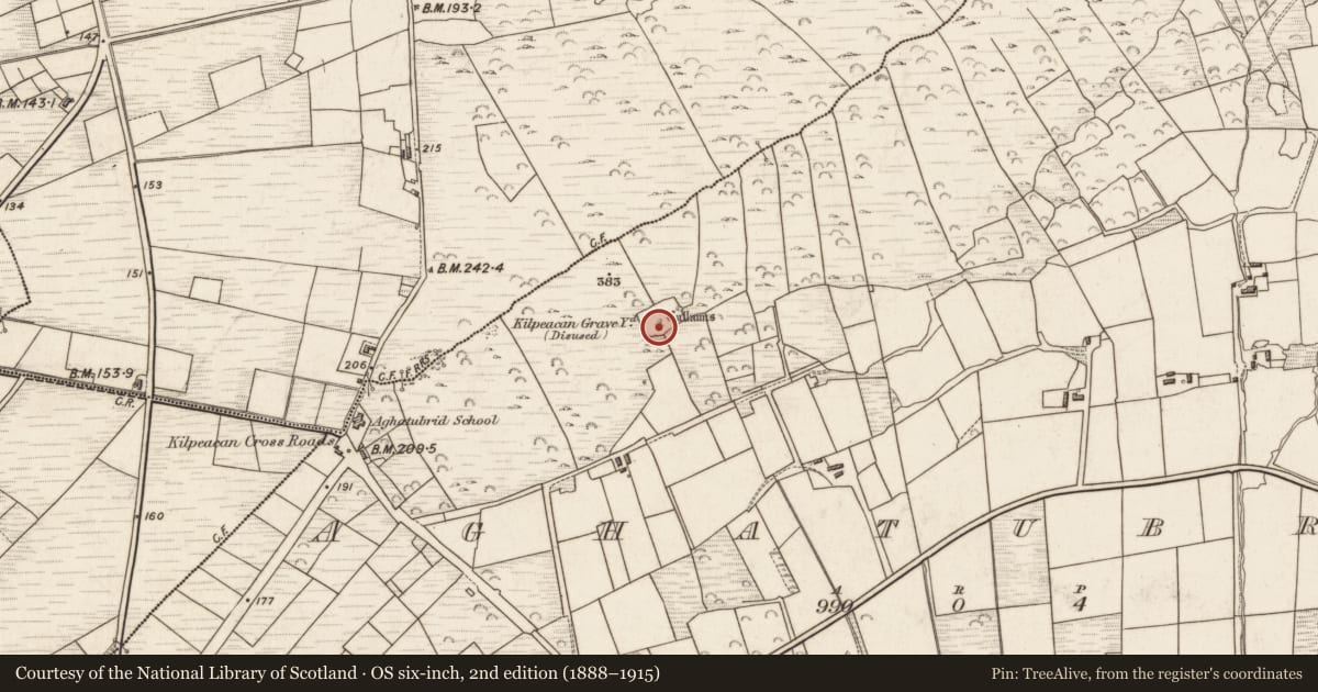 Ordnance Survey six-inch map, 2nd edition (1888–1915) covering the location of Shrine, Aghatubrid, County Kerry, with a pin at the register's coordinates
