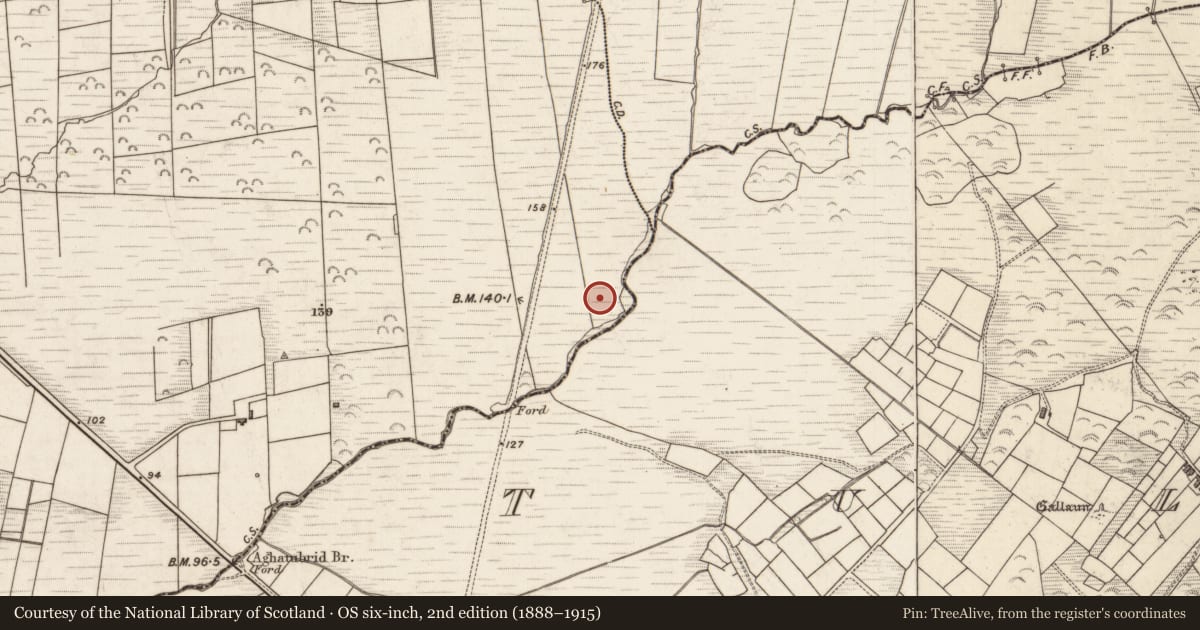 Ordnance Survey six-inch map, 2nd edition (1888–1915) covering the location of Hut site, Aghatubrid, County Kerry, with a pin at the register's coordinates