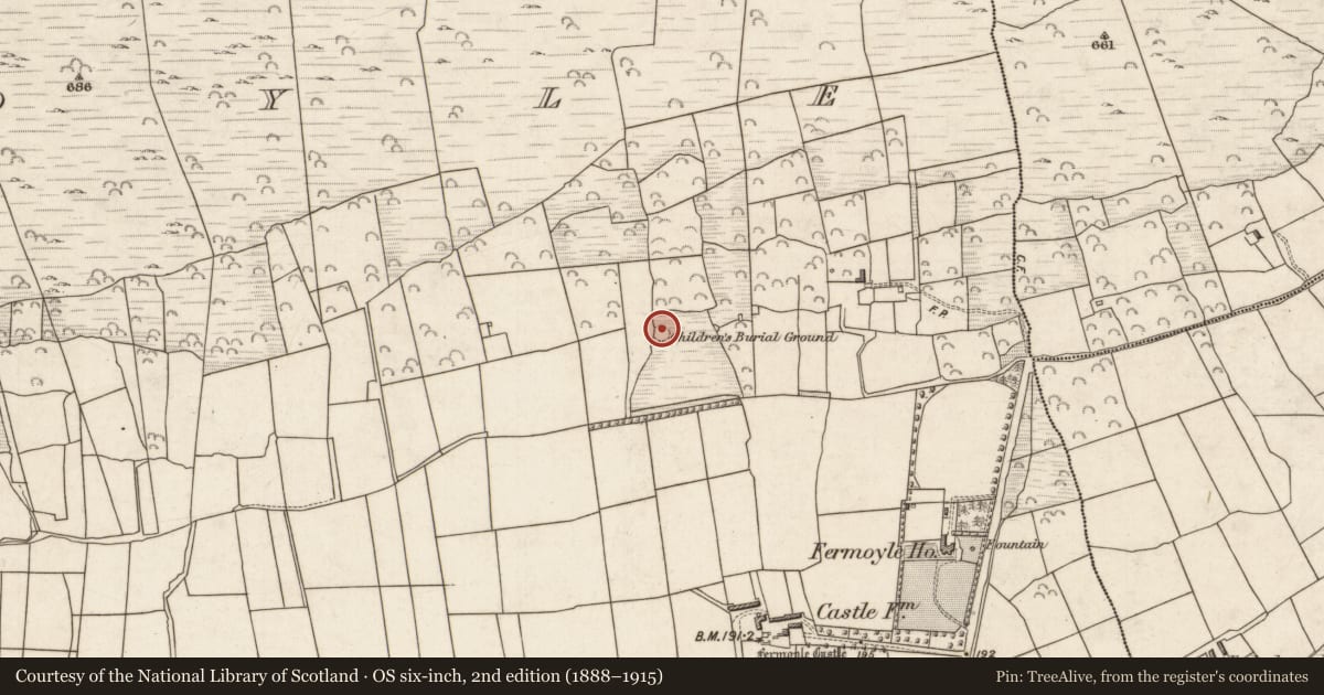 Ordnance Survey six-inch map, 2nd edition (1888–1915) covering the location of Children's burial ground, Formaoil (TC Trian Iarthach), County Kerry, with a pin at the register's coordinates