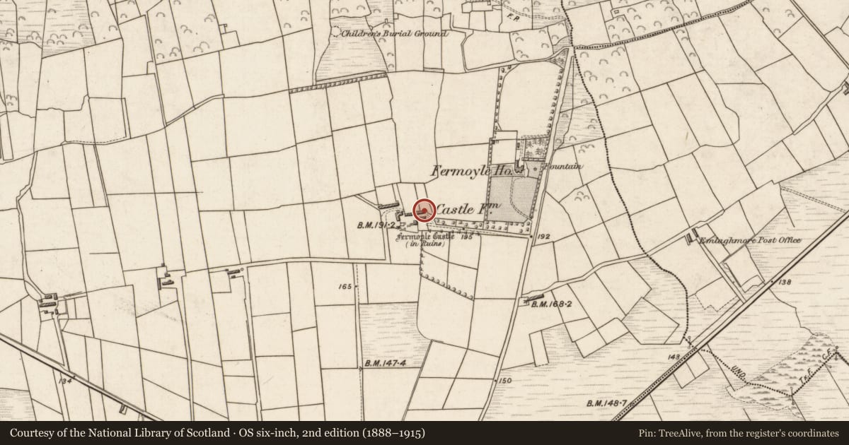 Ordnance Survey six-inch map, 2nd edition (1888–1915) covering the location of Architectural fragment, Formaoil (TC Trian Iarthach), County Kerry, with a pin at the register's coordinates