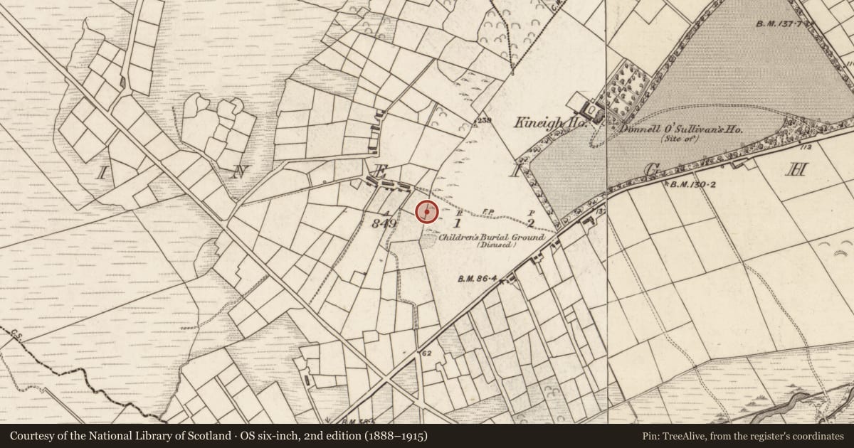Ordnance Survey six-inch map, 2nd edition (1888–1915) covering the location of Megalithic tomb - unclassified, Ceann Eich, County Kerry, with a pin at the register's coordinates