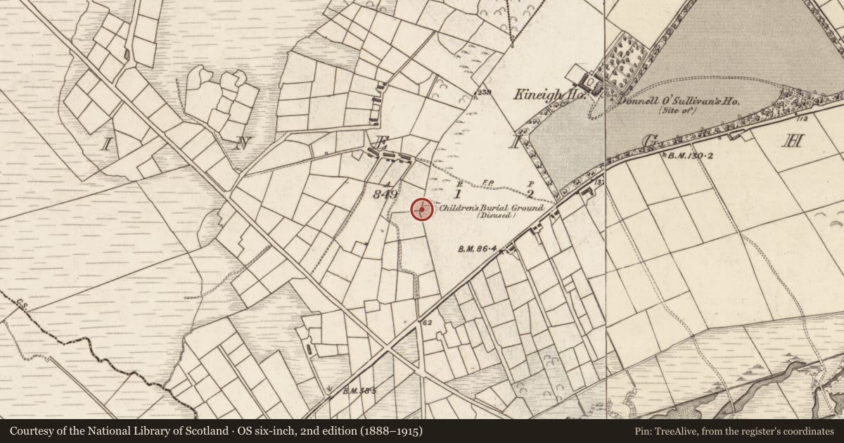 Ordnance Survey six-inch map, 2nd edition (1888–1915) covering the location of Children's burial ground, Ceann Eich, County Kerry, with a pin at the register's coordinates