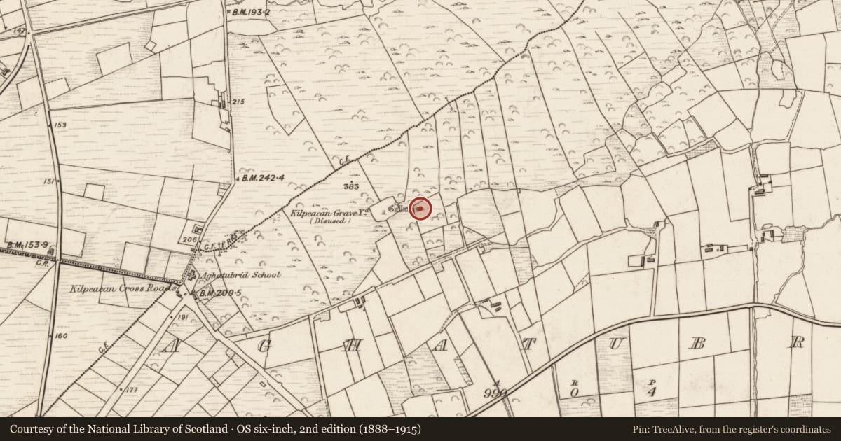 Ordnance Survey six-inch map, 2nd edition (1888–1915) covering the location of Hut site, Aghatubrid, County Kerry, with a pin at the register's coordinates