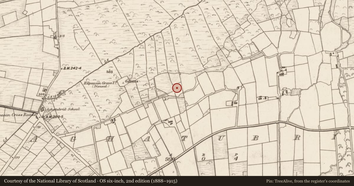 Ordnance Survey six-inch map, 2nd edition (1888–1915) covering the location of Ritual site - holy well, Aghatubrid, County Kerry, with a pin at the register's coordinates