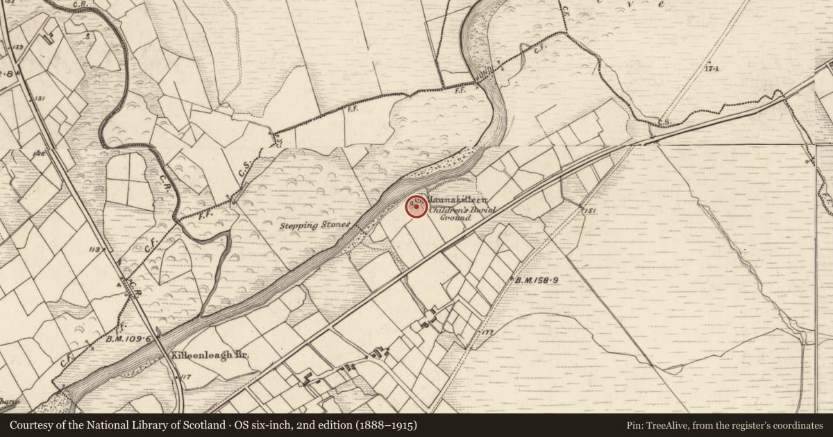 Ordnance Survey six-inch map, 2nd edition (1888–1915) covering the location of Children's burial ground, An Cillín Liath, County Kerry, with a pin at the register's coordinates
