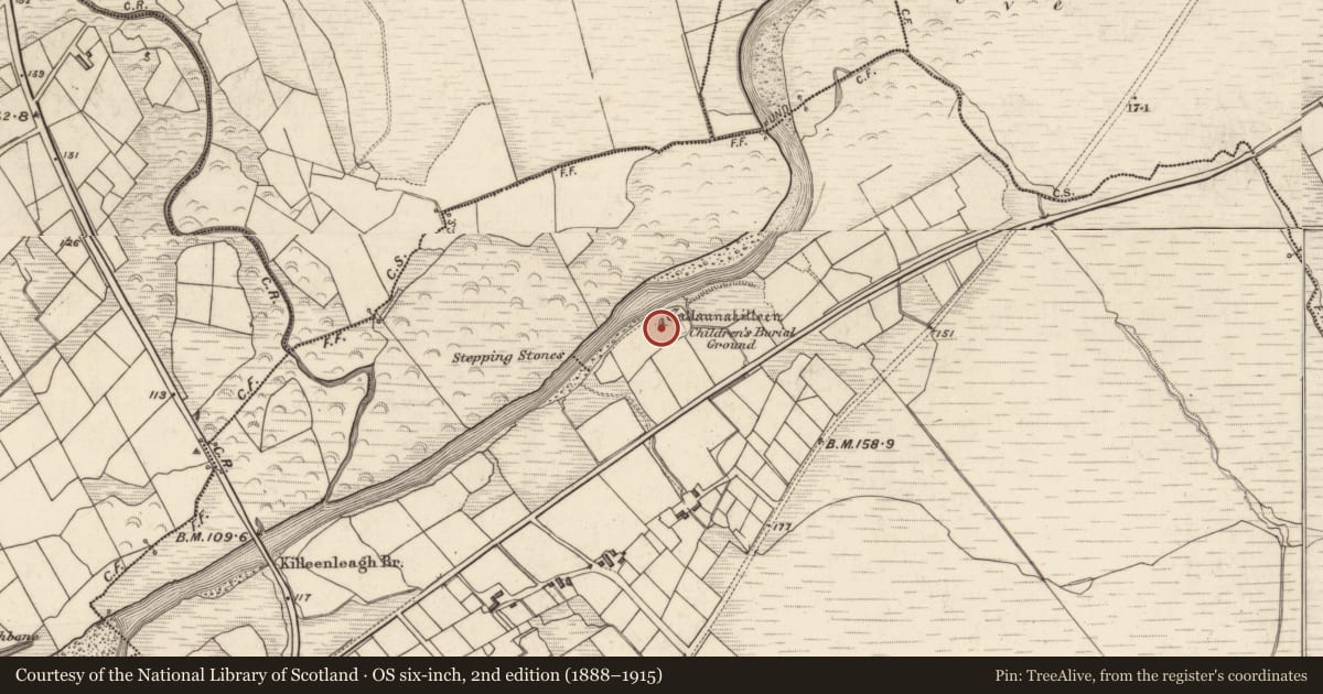 Ordnance Survey six-inch map, 2nd edition (1888–1915) covering the location of Burial, An Cillín Liath, County Kerry, with a pin at the register's coordinates