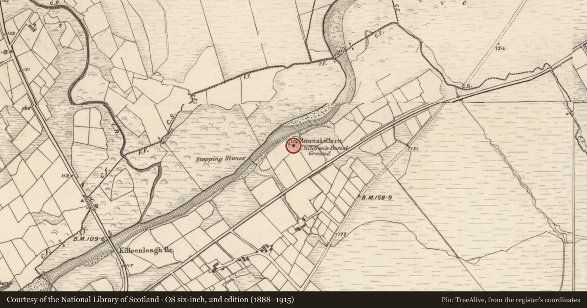 Ordnance Survey six-inch map, 2nd edition (1888–1915) covering the location of Ecclesiastical enclosure, An Cillín Liath, County Kerry, with a pin at the register's coordinates
