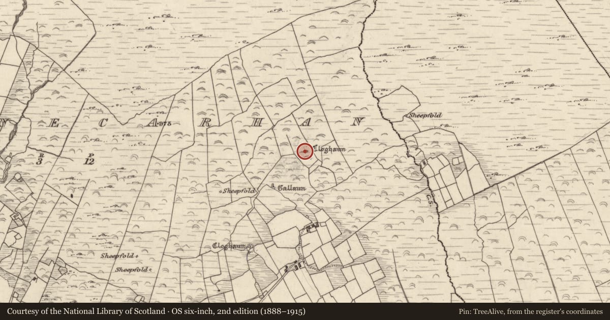 Ordnance Survey six-inch map, 2nd edition (1888–1915) covering the location of Hut site, Cloghanecarhan, County Kerry, with a pin at the register's coordinates