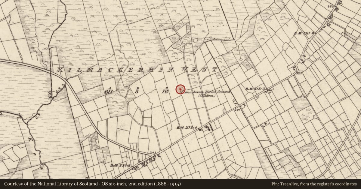 Ordnance Survey six-inch map, 2nd edition (1888–1915) covering the location of Children's burial ground, Cill Mhic Iarainn Thiar, County Kerry, with a pin at the register's coordinates