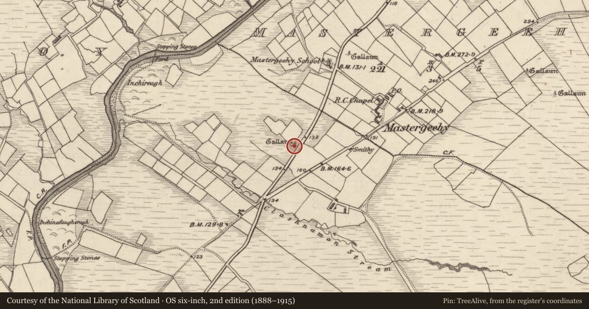 Ordnance Survey six-inch map, 2nd edition (1888–1915) covering the location of Standing stone, Doory, County Kerry, with a pin at the register's coordinates