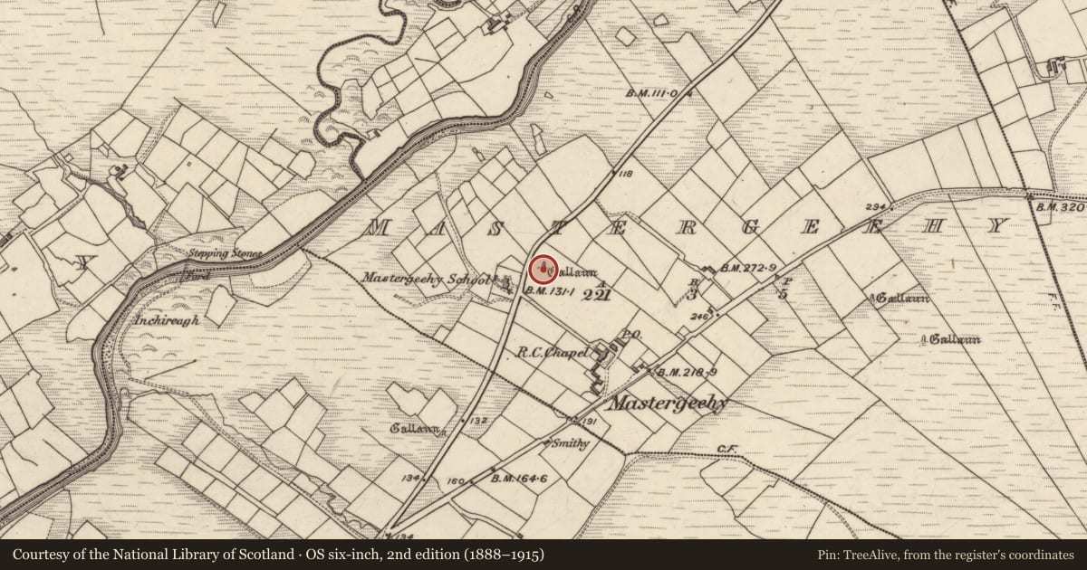 Ordnance Survey six-inch map, 2nd edition (1888–1915) covering the location of Standing stone, Máistir Gaoithe, County Kerry, with a pin at the register's coordinates