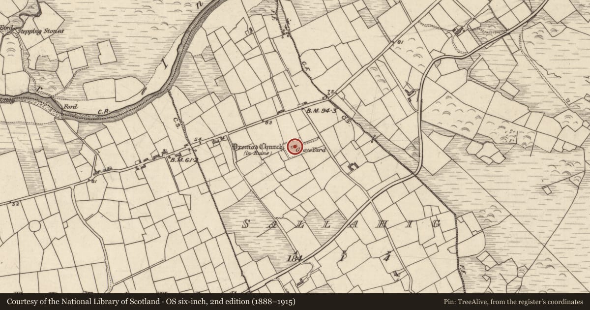 Ordnance Survey six-inch map, 2nd edition (1888–1915) covering the location of Church, Sallahig, County Kerry, with a pin at the register's coordinates