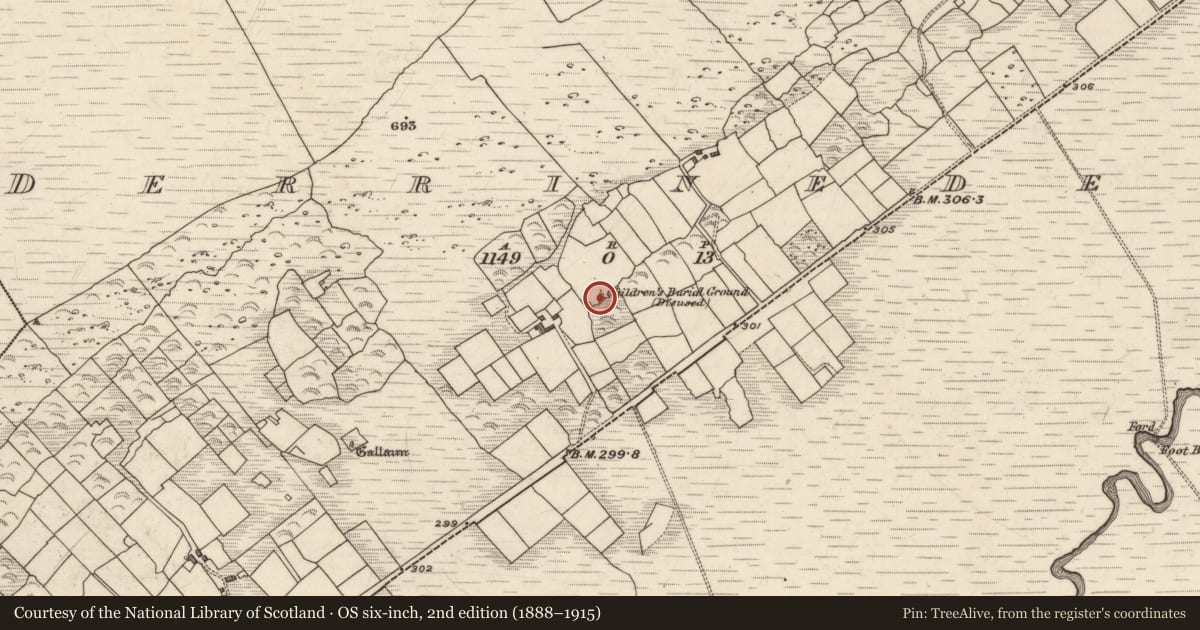 Ordnance Survey six-inch map, 2nd edition (1888–1915) covering the location of Children's burial ground, Derrineden, County Kerry, with a pin at the register's coordinates