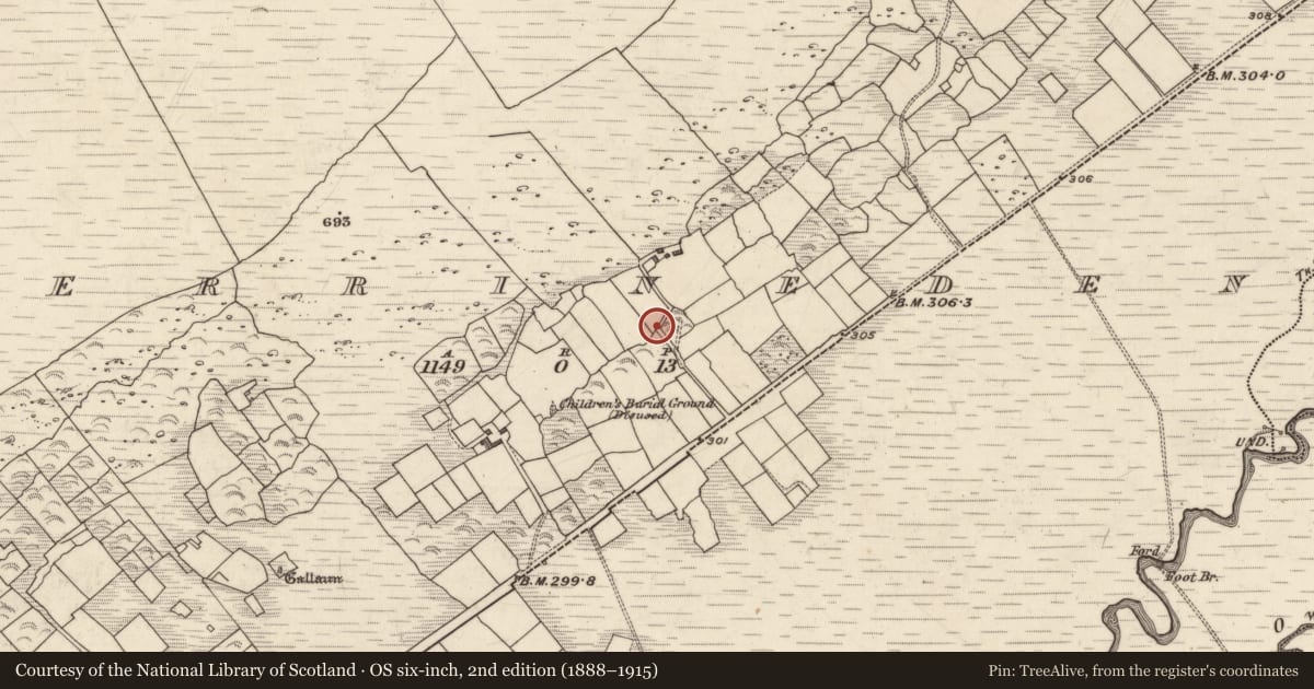 Ordnance Survey six-inch map, 2nd edition (1888–1915) covering the location of Stone row, Derrineden, County Kerry, with a pin at the register's coordinates