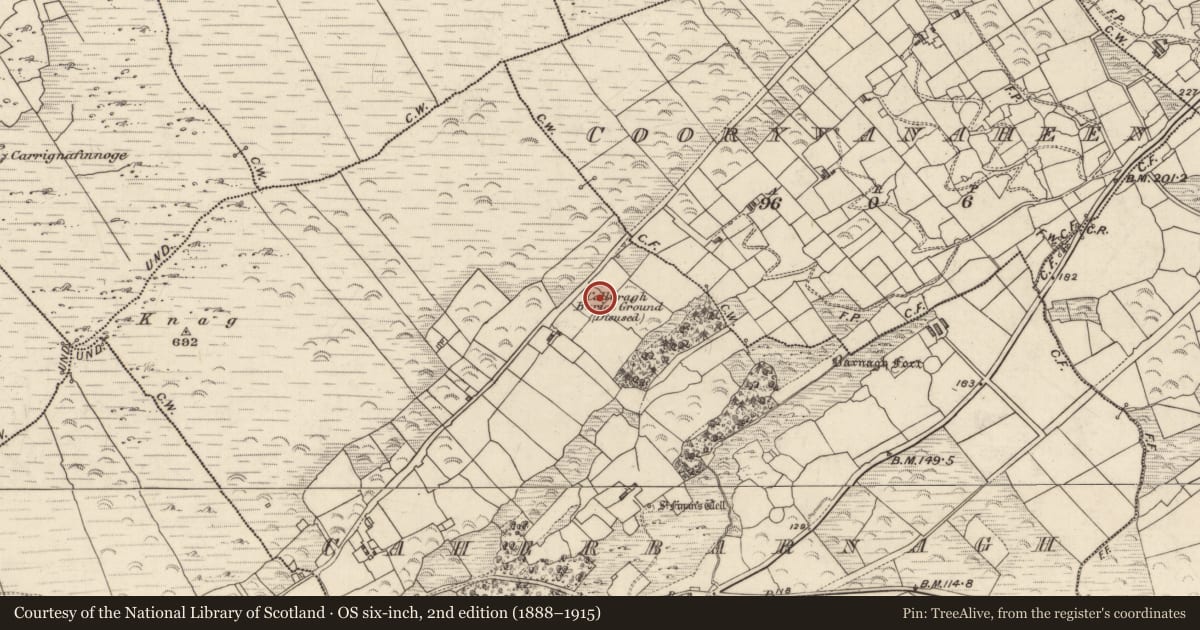 Ordnance Survey six-inch map, 2nd edition (1888–1915) covering the location of Cross-slab, An Chathair Bhearnach, County Kerry, with a pin at the register's coordinates