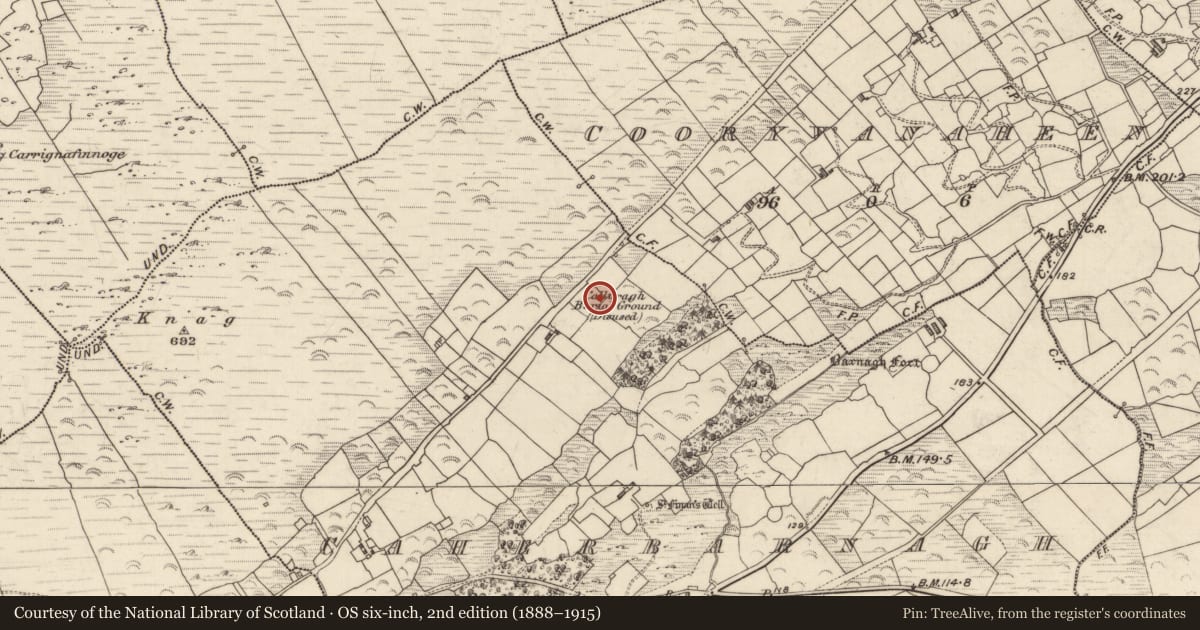 Ordnance Survey six-inch map, 2nd edition (1888–1915) covering the location of Leacht, An Chathair Bhearnach, County Kerry, with a pin at the register's coordinates
