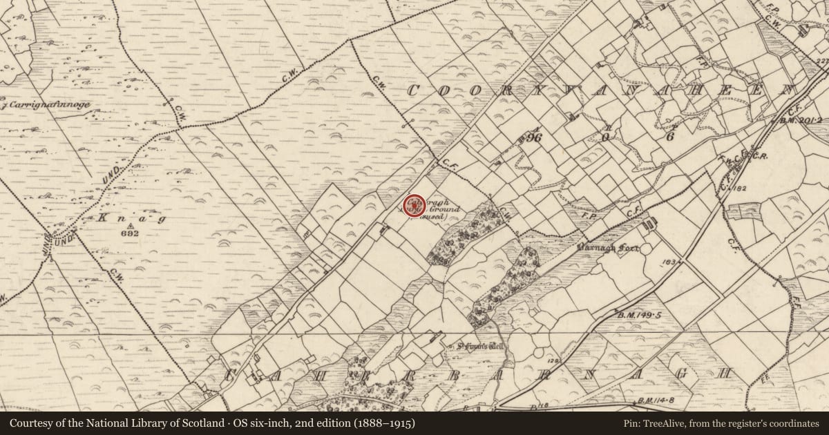 Ordnance Survey six-inch map, 2nd edition (1888–1915) covering the location of Children's burial ground, An Chathair Bhearnach, County Kerry, with a pin at the register's coordinates