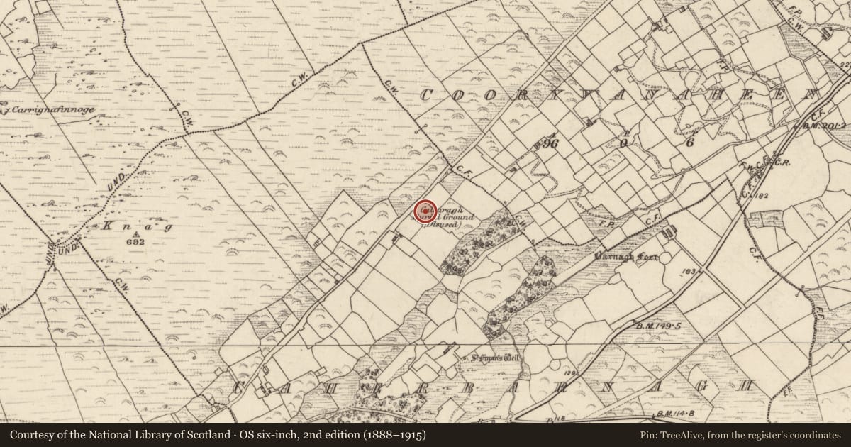 Ordnance Survey six-inch map, 2nd edition (1888–1915) covering the location of Ecclesiastical enclosure, An Chathair Bhearnach, County Kerry, with a pin at the register's coordinates