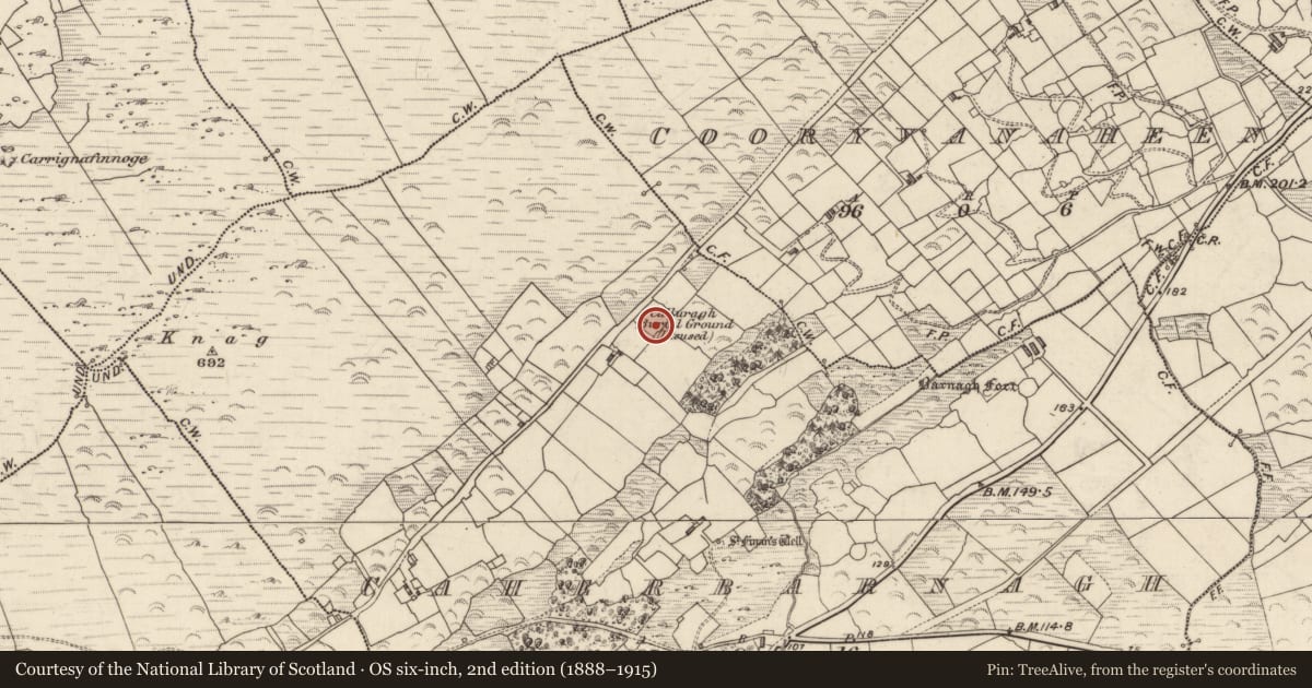 Ordnance Survey six-inch map, 2nd edition (1888–1915) covering the location of Hut site, An Chathair Bhearnach, County Kerry, with a pin at the register's coordinates