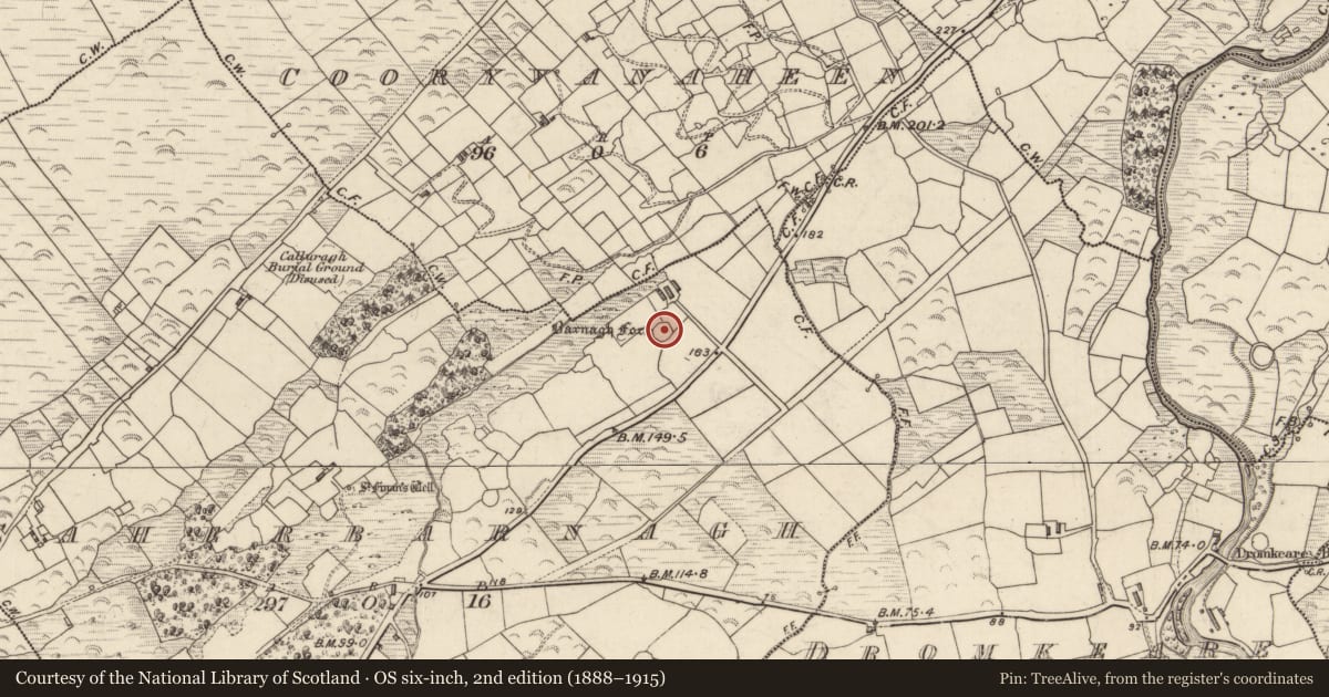 Ordnance Survey six-inch map, 2nd edition (1888–1915) covering the location of Ringfort - cashel, An Chathair Bhearnach, County Kerry, with a pin at the register's coordinates