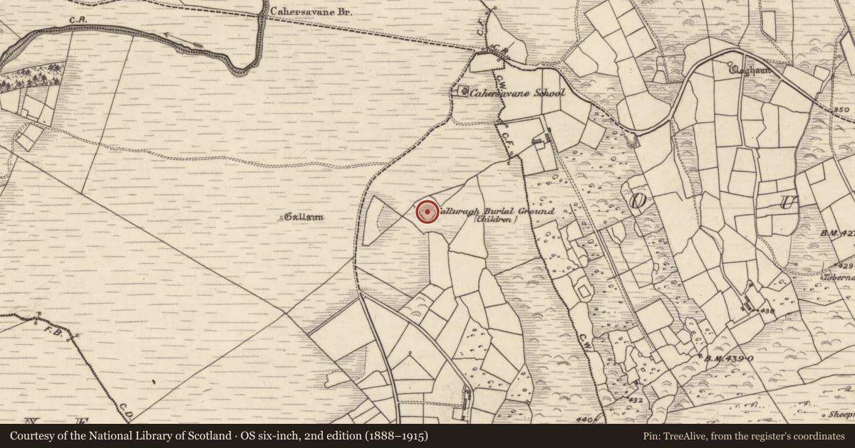 Ordnance Survey six-inch map, 2nd edition (1888–1915) covering the location of Children's burial ground, Cathair Samháin, County Kerry, with a pin at the register's coordinates