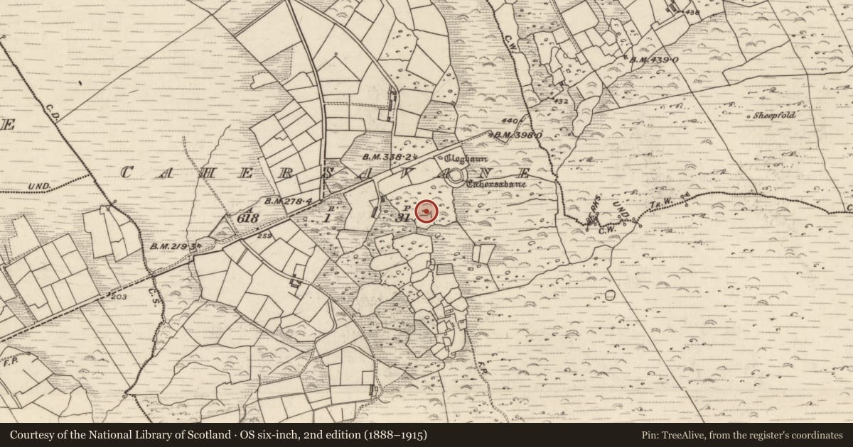 Ordnance Survey six-inch map, 2nd edition (1888–1915) covering the location of Enclosure, Cathair Samháin, County Kerry, with a pin at the register's coordinates