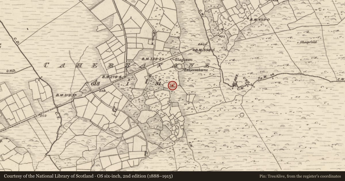 Ordnance Survey six-inch map, 2nd edition (1888–1915) covering the location of Rock art, Cathair Samháin, County Kerry, with a pin at the register's coordinates