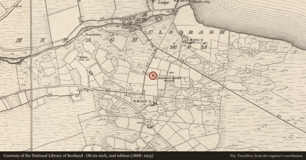 Ordnance Survey six-inch map, 2nd edition (1888–1915) covering the location of Children's burial ground, Ceapaigh Na Gcrann, County Kerry, with a pin at the register's coordinates