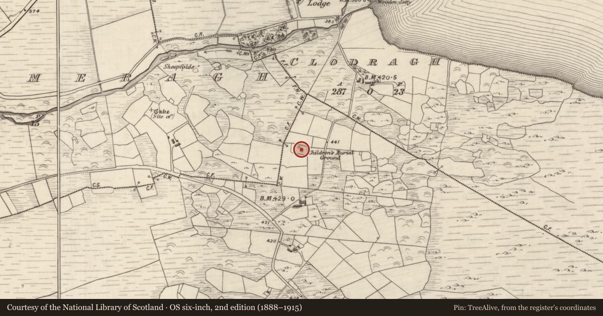 Ordnance Survey six-inch map, 2nd edition (1888–1915) covering the location of Enclosure, Ceapaigh Na Gcrann, County Kerry, with a pin at the register's coordinates