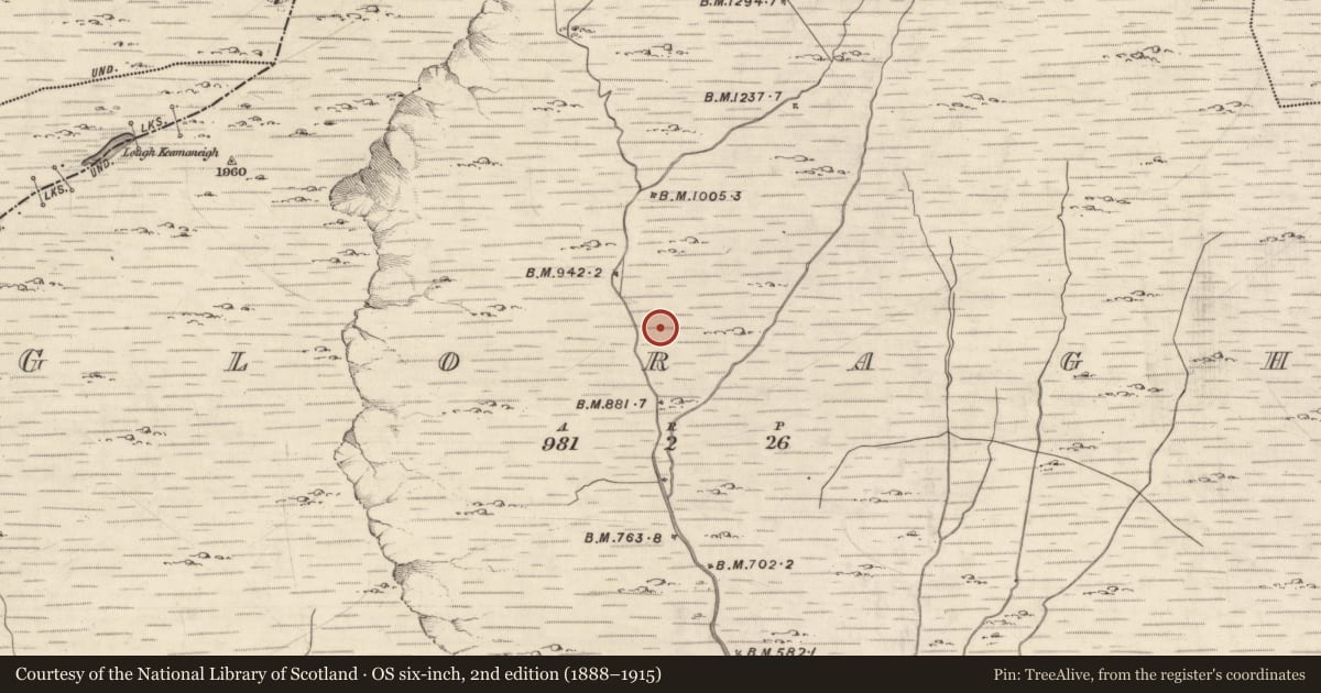 Ordnance Survey six-inch map, 2nd edition (1888–1915) covering the location of Enclosure, Gloragh, County Kerry, with a pin at the register's coordinates