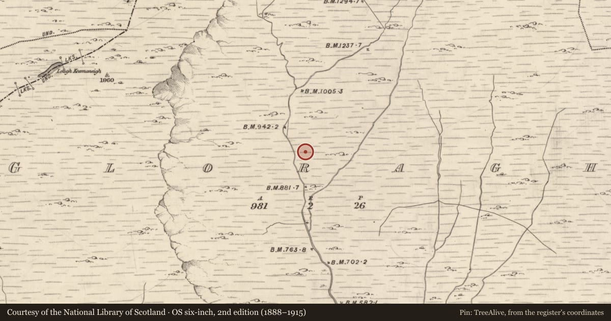 Ordnance Survey six-inch map, 2nd edition (1888–1915) covering the location of Enclosure, Gloragh, County Kerry, with a pin at the register's coordinates