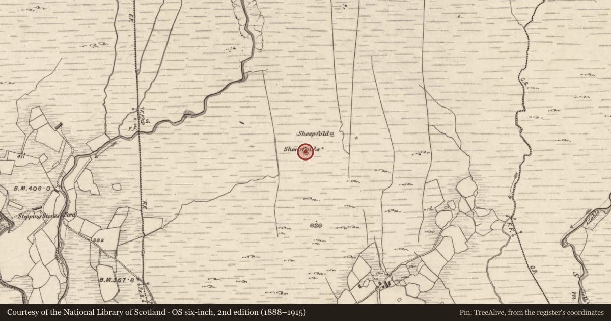 Ordnance Survey six-inch map, 2nd edition (1888–1915) covering the location of Enclosure, Derrynagree, County Kerry, with a pin at the register's coordinates