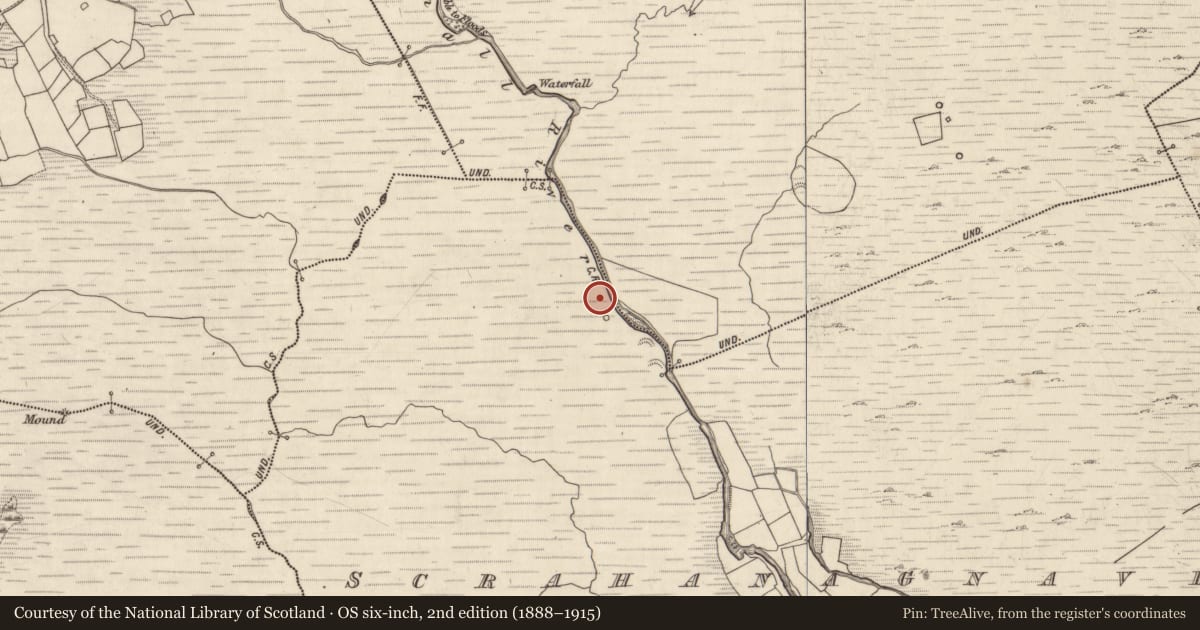 Ordnance Survey six-inch map, 2nd edition (1888–1915) covering the location of Enclosure, Scrahanagnave, County Kerry, with a pin at the register's coordinates