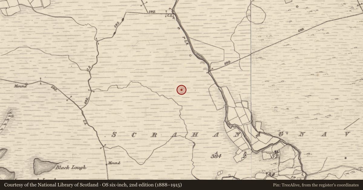 Ordnance Survey six-inch map, 2nd edition (1888–1915) covering the location of Enclosure, Scrahanagnave, County Kerry, with a pin at the register's coordinates