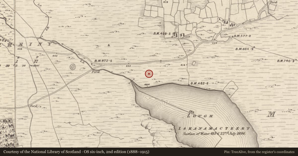 Ordnance Survey six-inch map, 2nd edition (1888–1915) covering the location of Hut site, MacHa Ghrianáin, County Kerry, with a pin at the register's coordinates