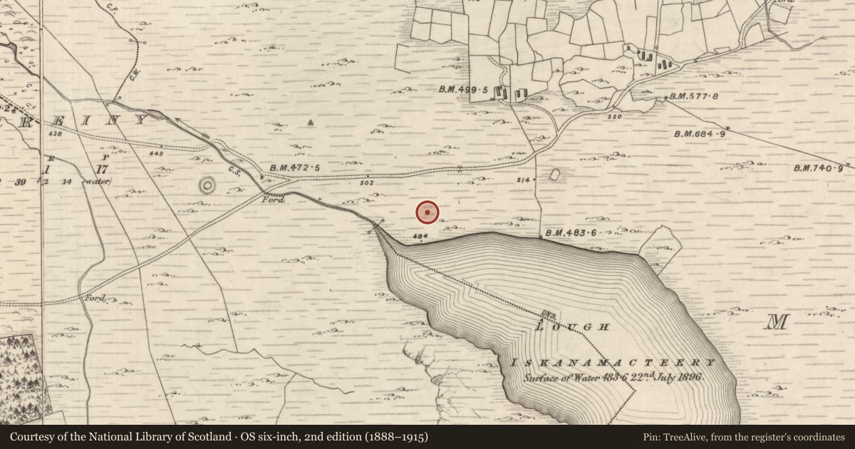 Ordnance Survey six-inch map, 2nd edition (1888–1915) covering the location of Hut site, MacHa Ghrianáin, County Kerry, with a pin at the register's coordinates