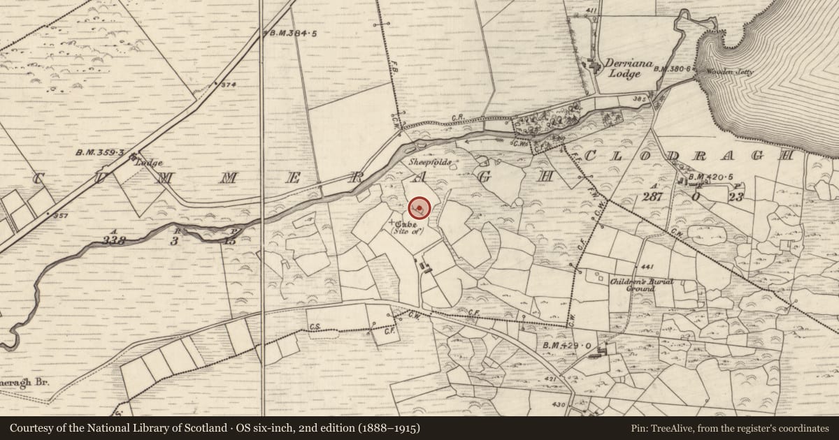 Ordnance Survey six-inch map, 2nd edition (1888–1915) covering the location of Standing stone, Cois Chomarach, County Kerry, with a pin at the register's coordinates