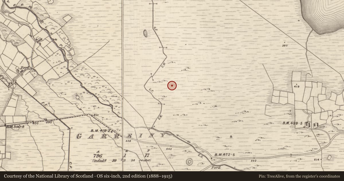 Ordnance Survey six-inch map, 2nd edition (1888–1915) covering the location of Hut site, MacHa Ghrianáin, County Kerry, with a pin at the register's coordinates