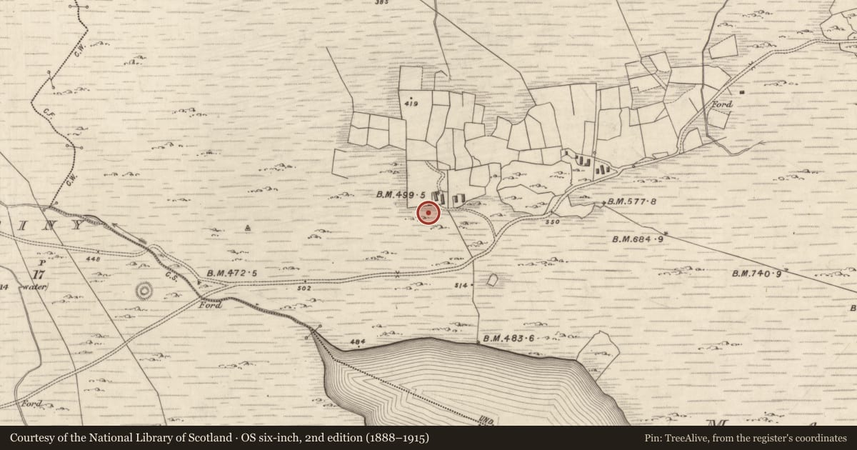 Ordnance Survey six-inch map, 2nd edition (1888–1915) covering the location of Enclosure, MacHa Ghrianáin, County Kerry, with a pin at the register's coordinates