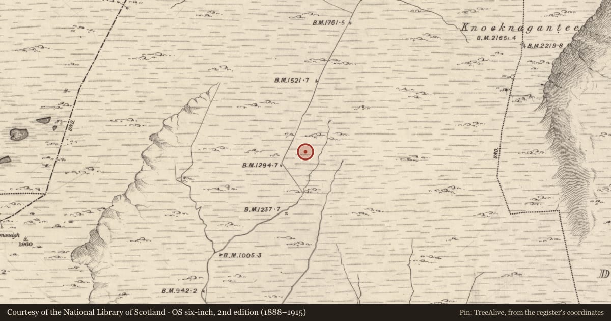 Ordnance Survey six-inch map, 2nd edition (1888–1915) covering the location of Hut site, Gloragh, County Kerry, with a pin at the register's coordinates