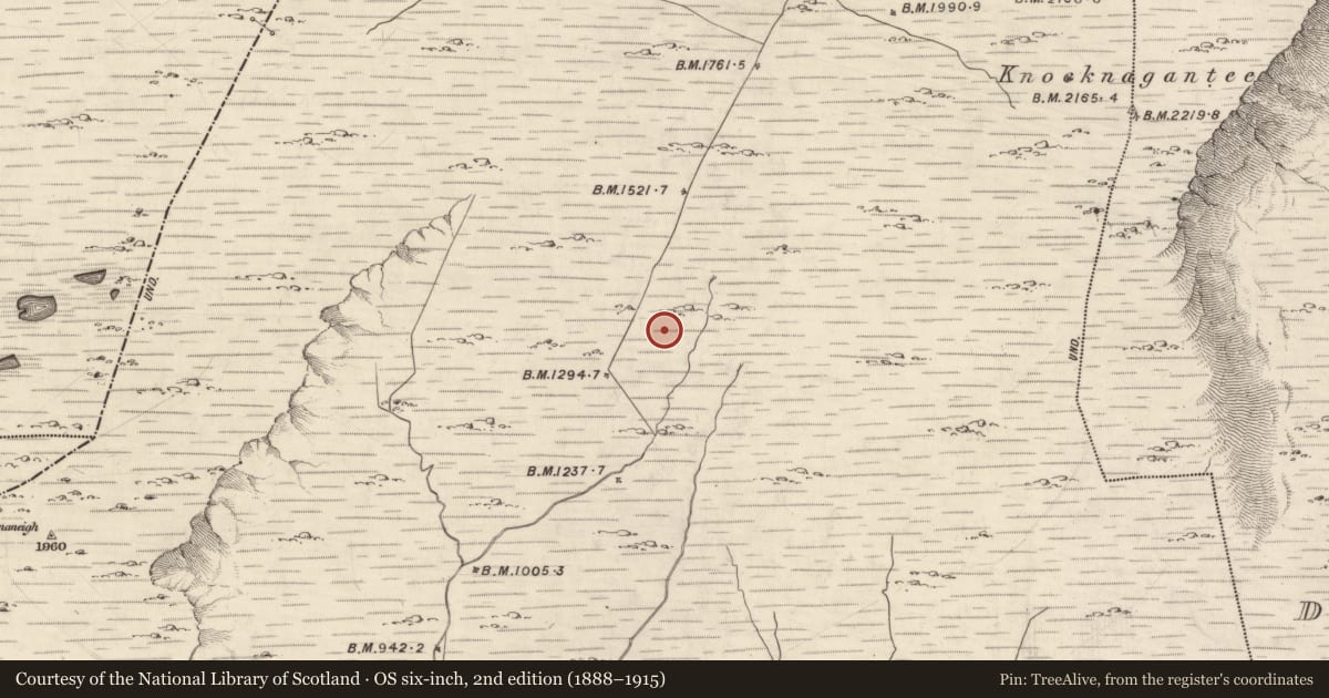 Ordnance Survey six-inch map, 2nd edition (1888–1915) covering the location of Hut site, Gloragh, County Kerry, with a pin at the register's coordinates
