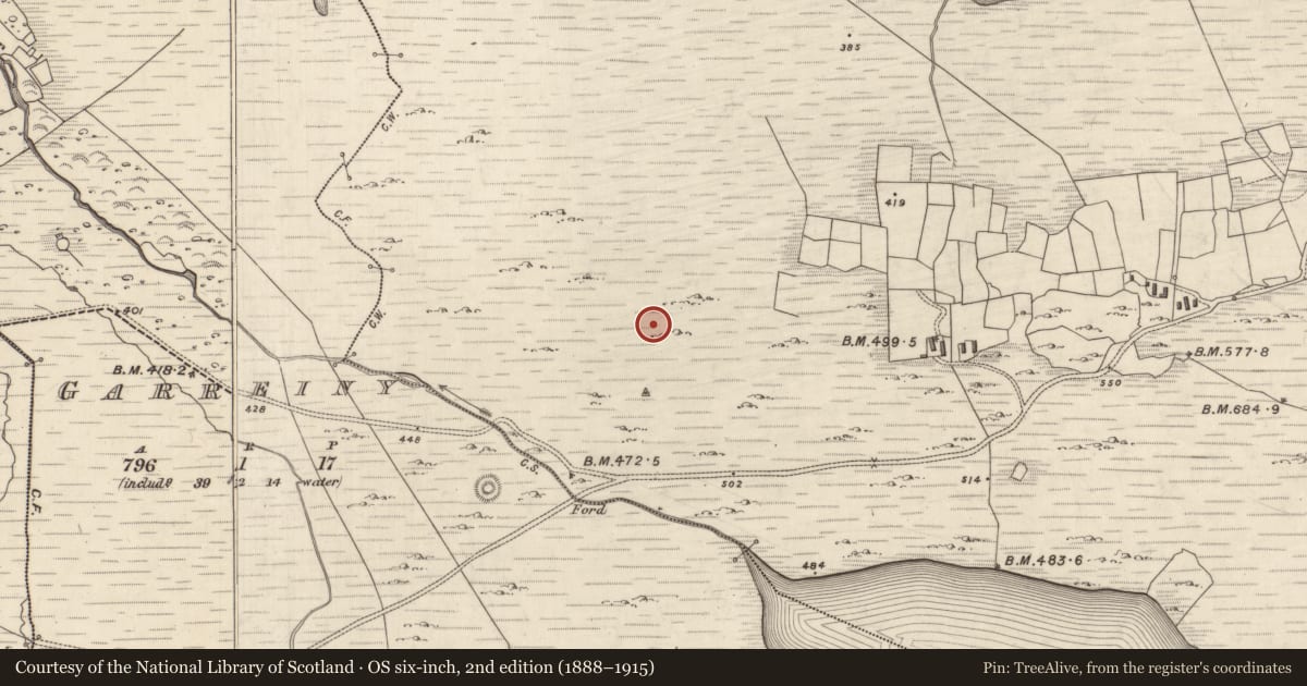 Ordnance Survey six-inch map, 2nd edition (1888–1915) covering the location of Hut site, MacHa Ghrianáin, County Kerry, with a pin at the register's coordinates