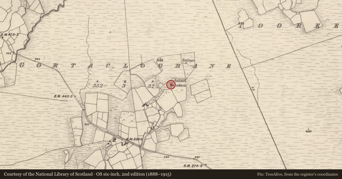 Ordnance Survey six-inch map, 2nd edition (1888–1915) covering the location of Kerb circle, Gortacloghane, County Kerry, with a pin at the register's coordinates