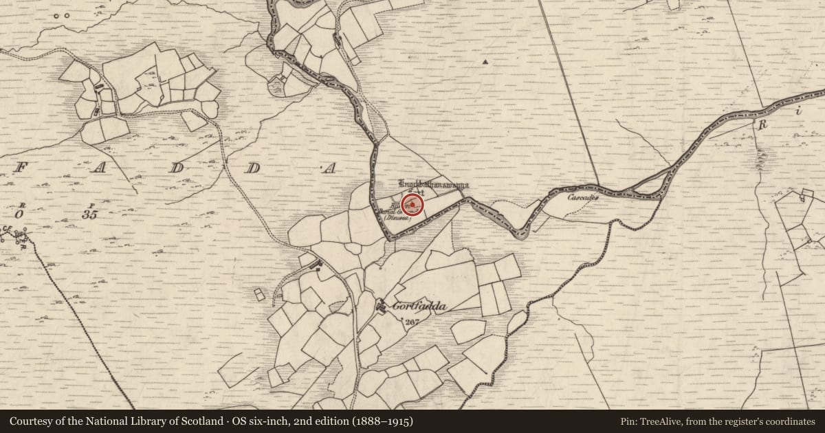 Ordnance Survey six-inch map, 2nd edition (1888–1915) covering the location of Children's burial ground, Gortbrack, County Kerry, with a pin at the register's coordinates