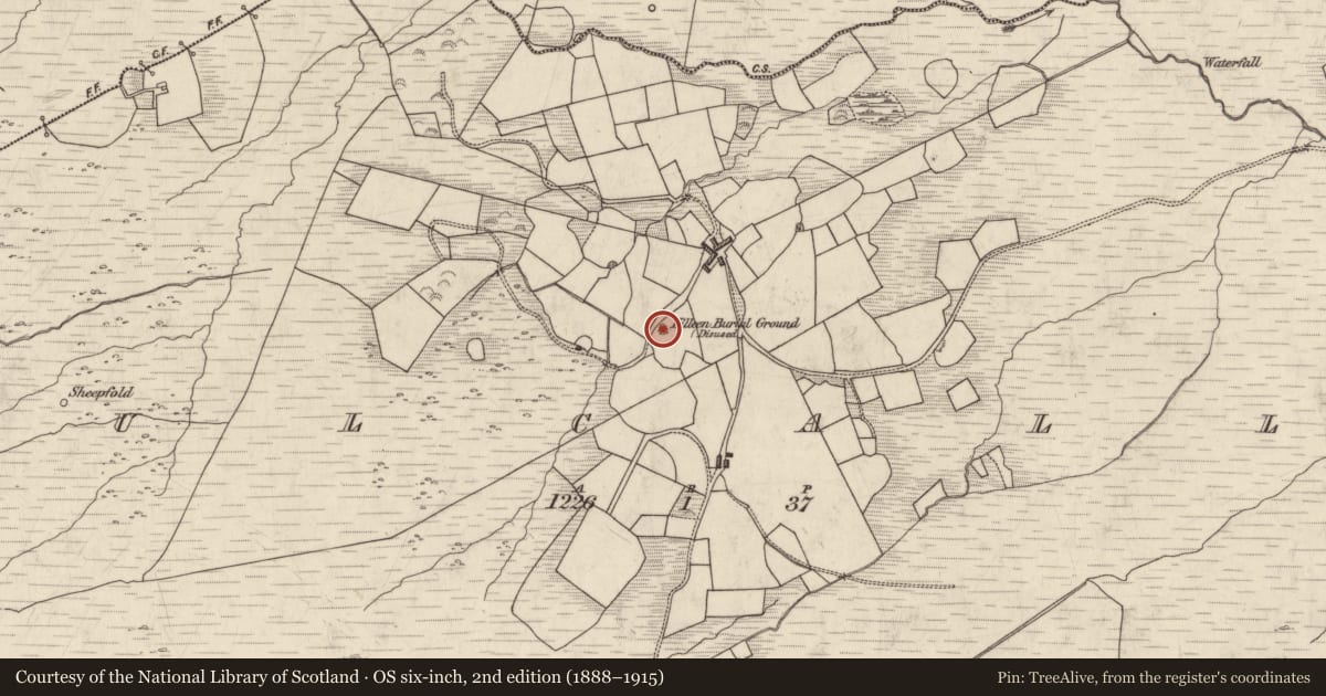 Ordnance Survey six-inch map, 2nd edition (1888–1915) covering the location of Children's burial ground, Maulcallee, County Kerry, with a pin at the register's coordinates